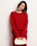 Leez Women's round-neck cable knit cashmere sweater