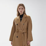 Leez Women's high-end lapel double-breasted long coat made of 100% camel wool