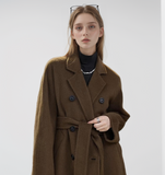 Leez Women's high-end lapel double-breasted long coat made of 100% camel wool