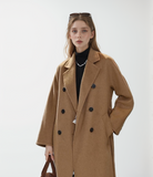 Leez Women's high-end lapel double-breasted long coat made of 100% camel wool