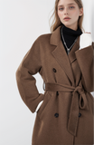 Leez Women's high-end lapel double-breasted long coat made of 100% camel wool