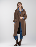 Leez Women's high-end lapel double-breasted long coat made of 100% camel wool