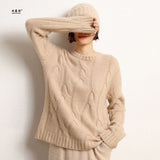 Leez Women's round-neck cable knit cashmere sweater