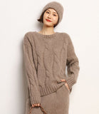 Leez Women's round-neck cable knit cashmere sweater