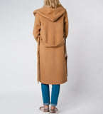 LEEZ Women Mid-length Belted Hooded Wool Coat - Camel