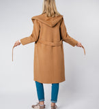 LEEZ Women Mid-length Belted Hooded Wool Coat - Camel