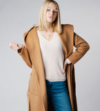 LEEZ Women Mid-length Belted Hooded Wool Coat - Camel