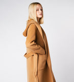 LEEZ Women Mid-length Belted Hooded Wool Coat - Camel