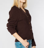 LEEZ Women V-Neck Cardigan in Wool & Silk - Brown