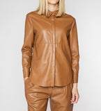 LEEZ Women Leather Shirt Jacket - Camel