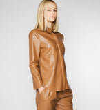 LEEZ Women Leather Shirt Jacket - Camel