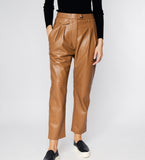 LEEZ Women Straight Leg Ankle Leather Pants - Camel