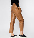 LEEZ Women Straight Leg Ankle Leather Pants - Camel