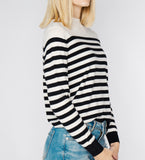 LEEZ Women Wool Blend Striped Mock Neck Sweater - While/ Black