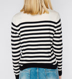 LEEZ Women Wool Blend Striped Mock Neck Sweater - While/ Black