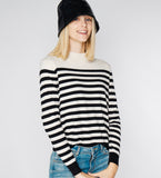 LEEZ Women Wool Blend Striped Mock Neck Sweater - While/ Black