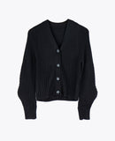 LEEZ Women V-Neck Cardigan in Wool & Silk - Black