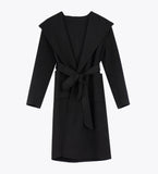 LEEZ Women Mid-length Belted Hooded Wool Coat - Black