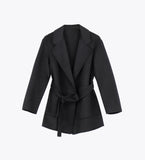 LEEZ Women Notched Lapel Wool Belted Short Coat Black