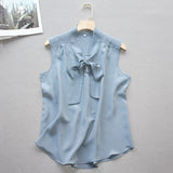 LEEZ SILK SLEEVELESS TIEFRONT BLOUSE - BABY BLUE