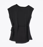 LEEZ Women Sleeveless Belted Silk Blouse Black