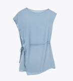 sleeveless blue blouse