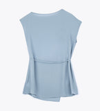 sleeveless blue blouse